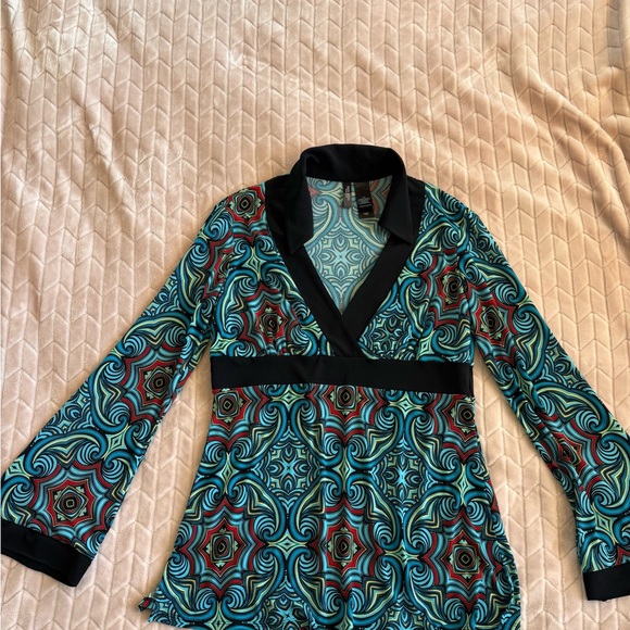 Vtg 70s Bisou Bisou Psychedelic Geometric Empire Waist Bell Sleeve Top Size L - Picture 2 of 15